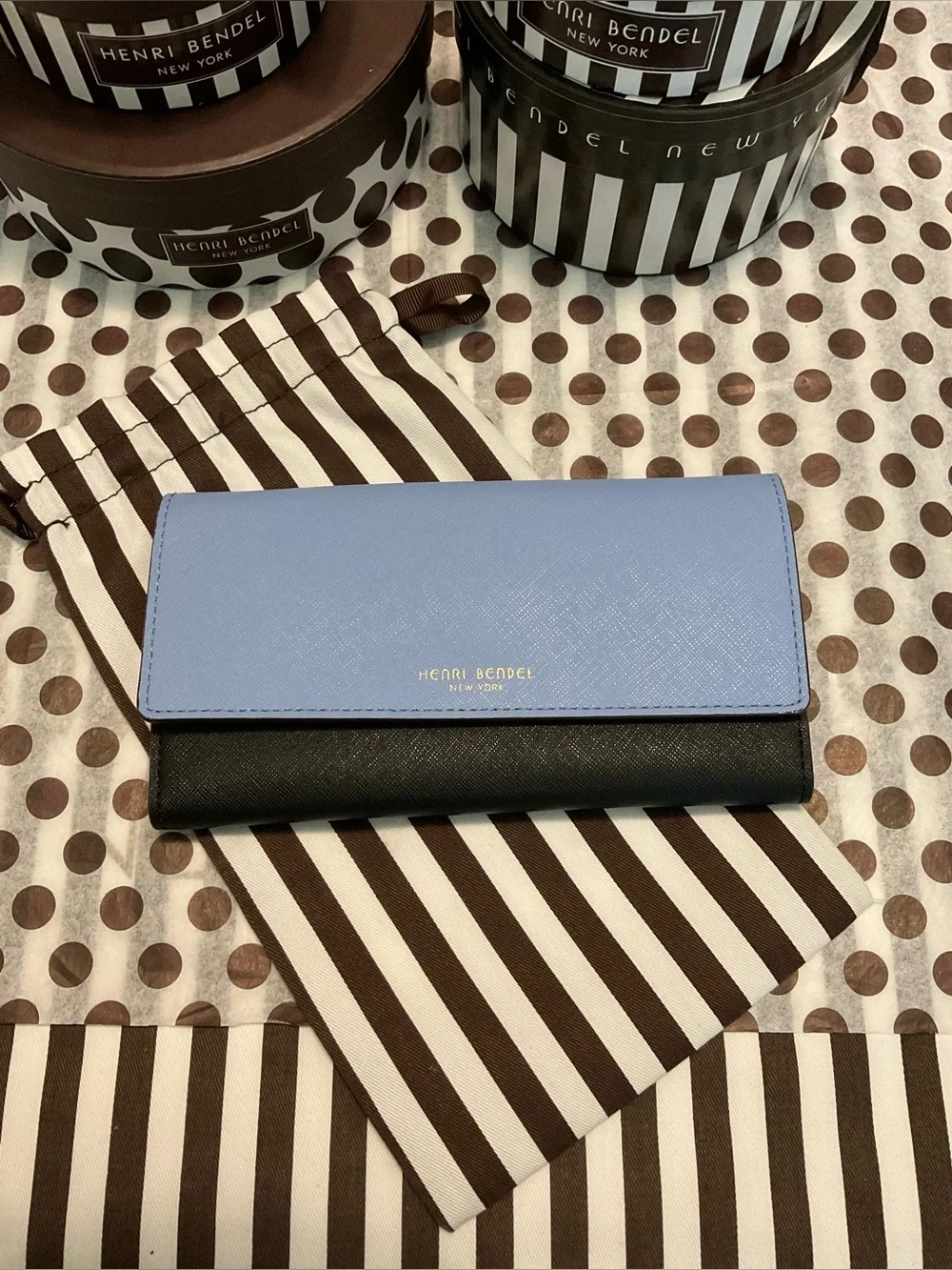 Henri Bendel West 57th Trifold Wallet Light Blue, Black and Olive w Dust Bag